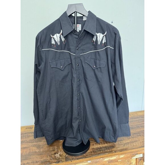 Ely Diamond Size L Mens Black Western Shirt Skull Embroidery Pearl Snaps - Picture 1 of 5